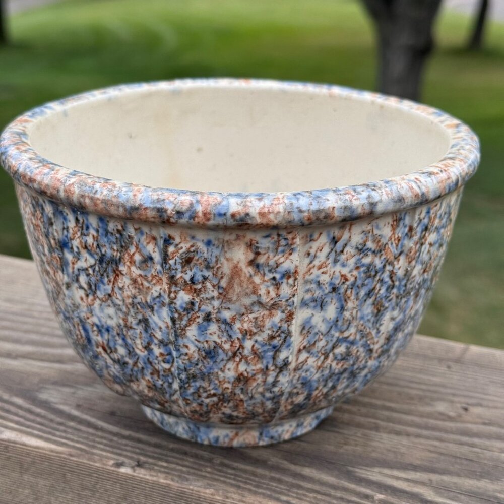 Vintage Spongeware Mixing Bowl Multicolor Rustic Stoneware Farmhouse Decor 6 in